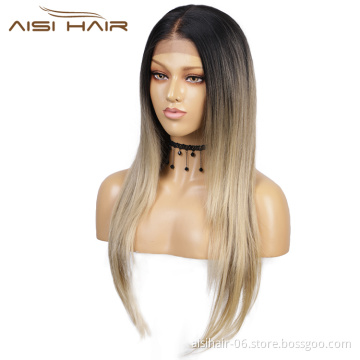 Aisi Hair Top Quality Long Silky Straight Wig Lace Ombre Blonde Dark Root Wig Synthetic Hair Lace Front Wigs For Black Women